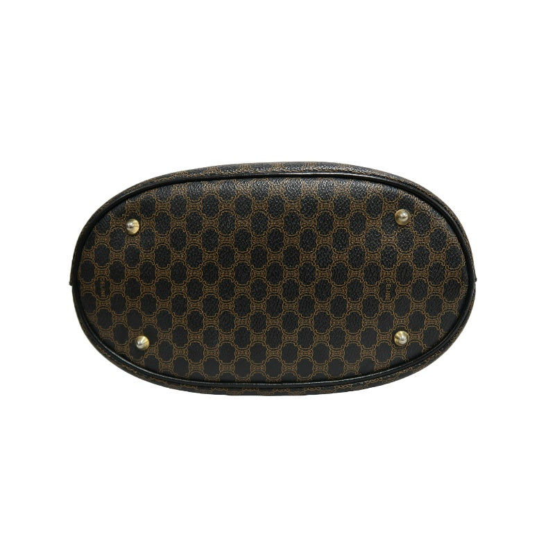 CELINE Macadam Monogram Dot Pattern Bucket Tote Bag Brown Black PVC Canvas Black Calfskin Trim Gold Horsebit Hardware Vintage Spacious Casual Shoulder Bag