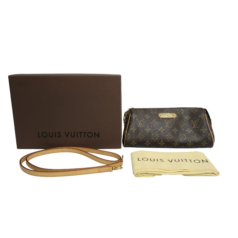 LOUIS VUITTON Eva Monogram Shoulder Bag Brown Canvas Tan Leather Trim Gold Hardware with Original Shoulder Strap Classic Popular
