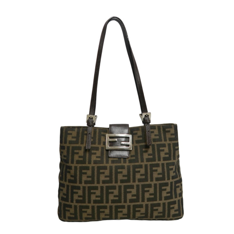FENDI Vintage Zucca Canvas Tote Bag Brown Leather Trim Silver Hardware