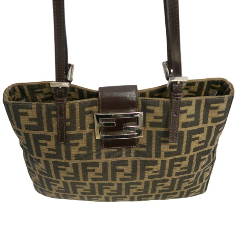 FENDI Vintage Zucca Canvas Tote Bag Brown Leather Trim Silver Hardware
