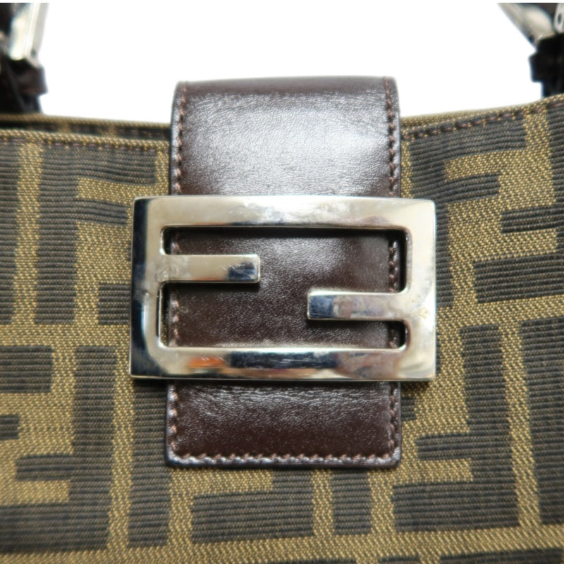 FENDI Vintage Zucca Canvas Tote Bag Brown Leather Trim Silver Hardware