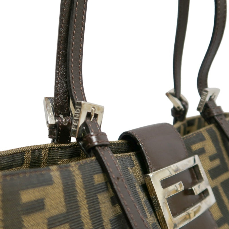 FENDI Vintage Zucca Canvas Tote Bag Brown Leather Trim Silver Hardware