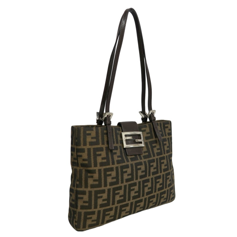 FENDI Vintage Zucca Canvas Tote Bag Brown Leather Trim Silver Hardware