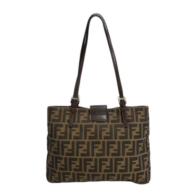 FENDI Vintage Zucca Canvas Tote Bag Brown Leather Trim Silver Hardware