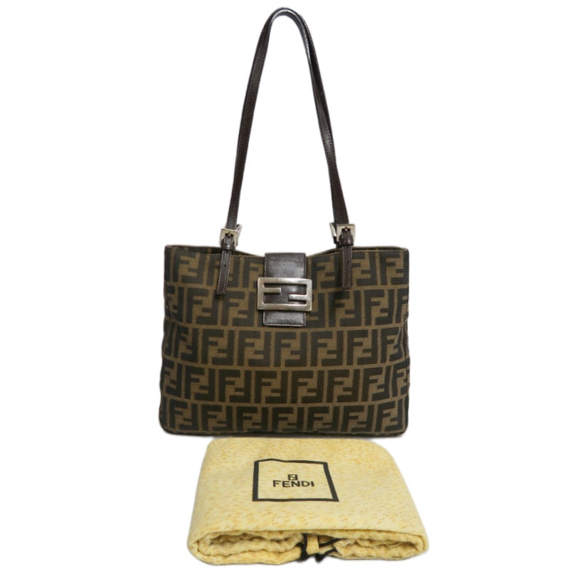 FENDI Vintage Zucca Canvas Tote Bag Brown Leather Trim Silver Hardware