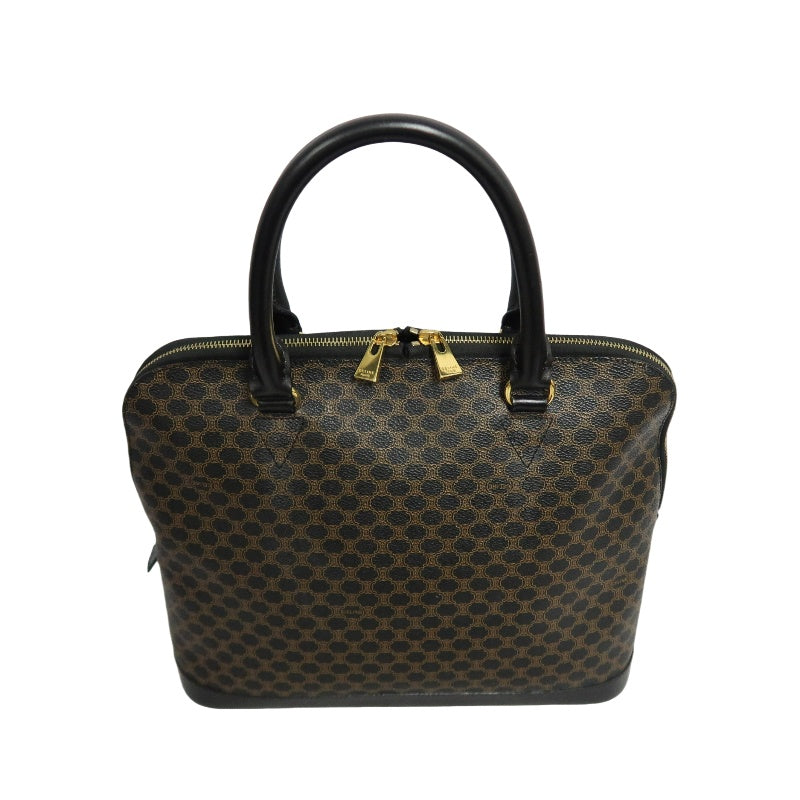 CELINE Macadam Monogram Handbag Brown Canvas Black Leather Trim Gold Hardware Vintage Classic Work Bag