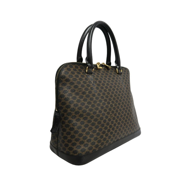 CELINE Macadam Monogram Handbag Brown Canvas Black Leather Trim Gold Hardware Vintage Classic Work Bag