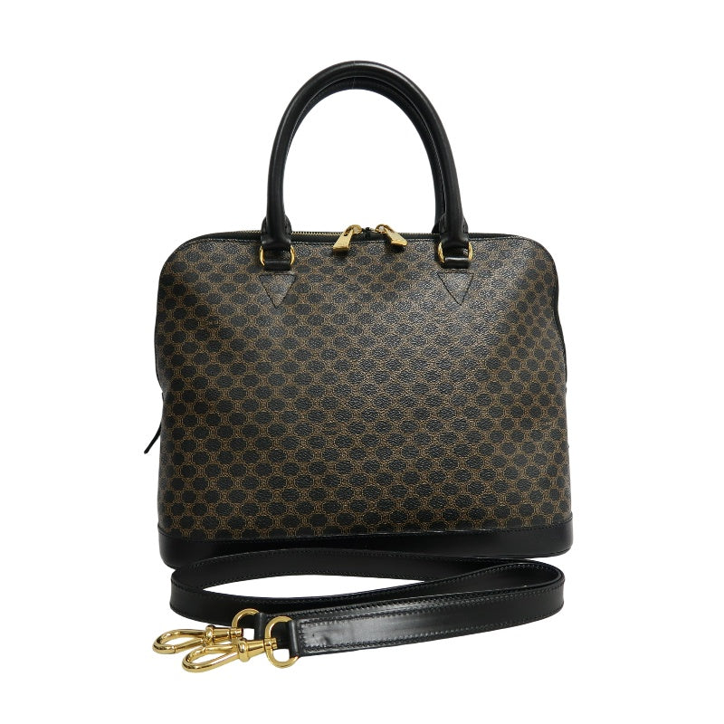 CELINE Macadam Monogram Handbag Brown Canvas Black Leather Trim Gold Hardware Vintage Classic Work Bag