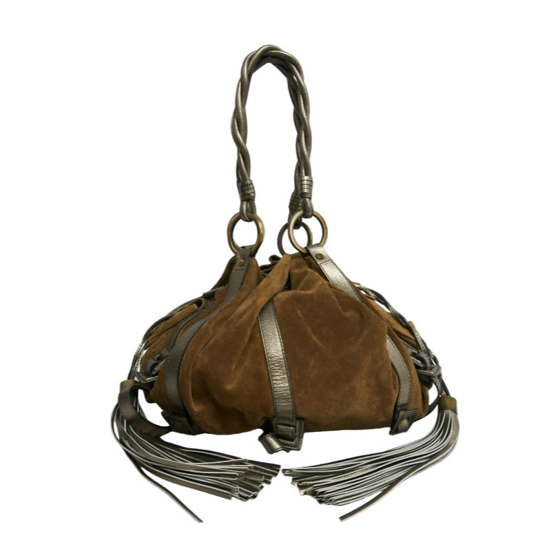 GIVENCHY Vintage Brown Suede Slouchy Drawstring Hobo Handbag Metallic Calfskin Contrast Trim Twisted Braided Handle Long Fringe Drop Hardware Bohemian Soft Design Included Original Matching Small Pouch Rare Iconic Accessory