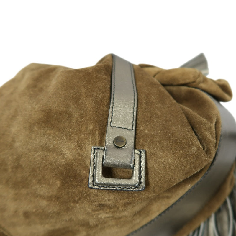 GIVENCHY Vintage Brown Suede Slouchy Drawstring Hobo Handbag Metallic Calfskin Contrast Trim Twisted Braided Handle Long Fringe Drop Hardware Bohemian Soft Design Included Original Matching Small Pouch Rare Iconic Accessory