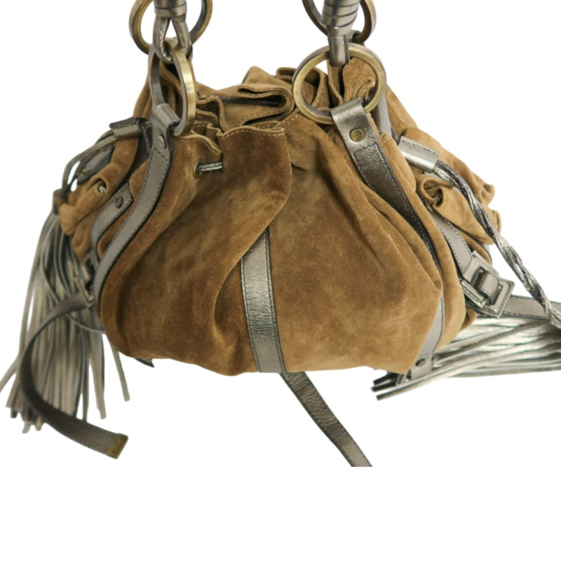GIVENCHY Vintage Brown Suede Slouchy Drawstring Hobo Handbag Metallic Calfskin Contrast Trim Twisted Braided Handle Long Fringe Drop Hardware Bohemian Soft Design Included Original Matching Small Pouch Rare Iconic Accessory
