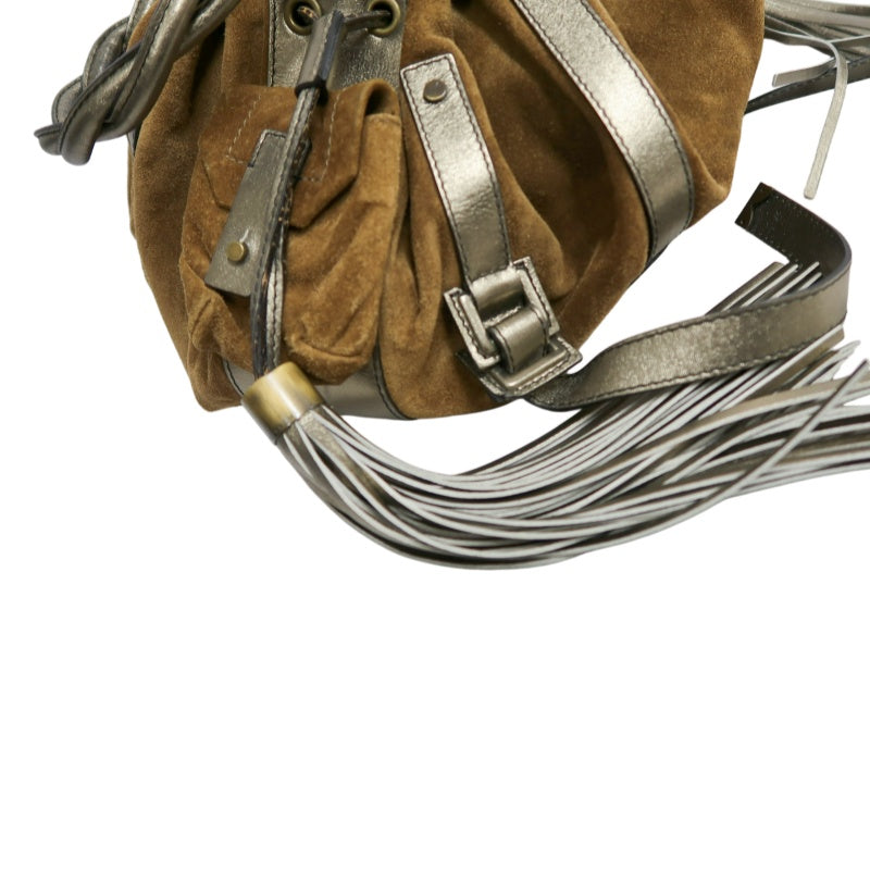 GIVENCHY Vintage Brown Suede Slouchy Drawstring Hobo Handbag Metallic Calfskin Contrast Trim Twisted Braided Handle Long Fringe Drop Hardware Bohemian Soft Design Included Original Matching Small Pouch Rare Iconic Accessory