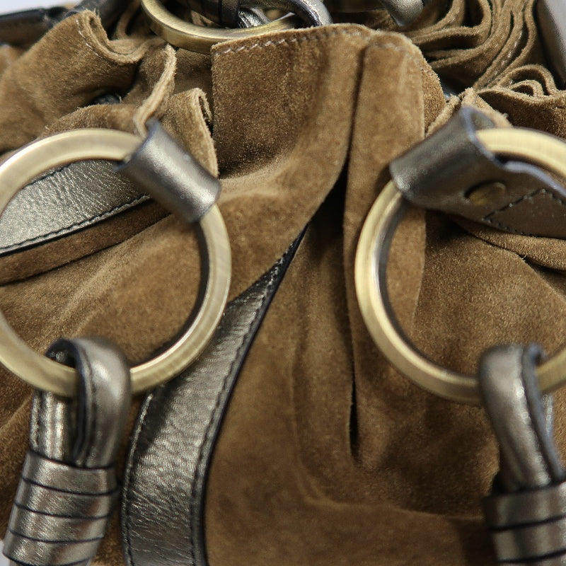GIVENCHY Vintage Brown Suede Slouchy Drawstring Hobo Handbag Metallic Calfskin Contrast Trim Twisted Braided Handle Long Fringe Drop Hardware Bohemian Soft Design Included Original Matching Small Pouch Rare Iconic Accessory