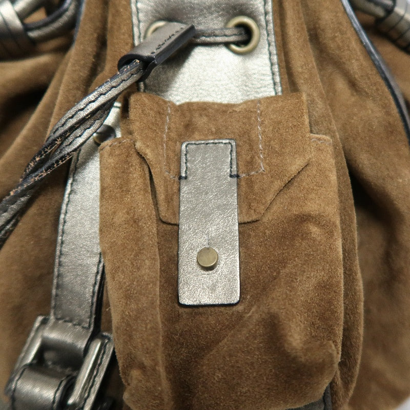 GIVENCHY Vintage Brown Suede Slouchy Drawstring Hobo Handbag Metallic Calfskin Contrast Trim Twisted Braided Handle Long Fringe Drop Hardware Bohemian Soft Design Included Original Matching Small Pouch Rare Iconic Accessory