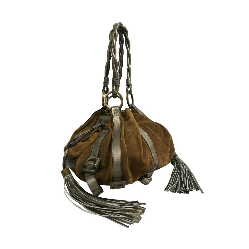 GIVENCHY Vintage Brown Suede Slouchy Drawstring Hobo Handbag Metallic Calfskin Contrast Trim Twisted Braided Handle Long Fringe Drop Hardware Bohemian Soft Design Included Original Matching Small Pouch Rare Iconic Accessory