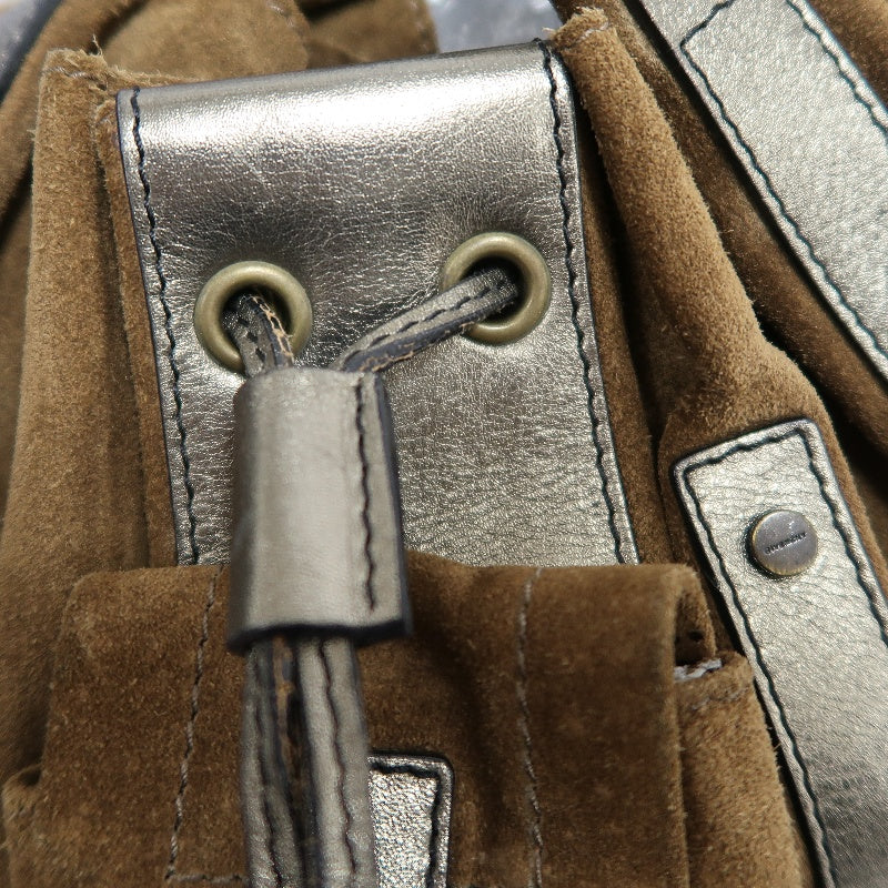 GIVENCHY Vintage Brown Suede Slouchy Drawstring Hobo Handbag Metallic Calfskin Contrast Trim Twisted Braided Handle Long Fringe Drop Hardware Bohemian Soft Design Included Original Matching Small Pouch Rare Iconic Accessory