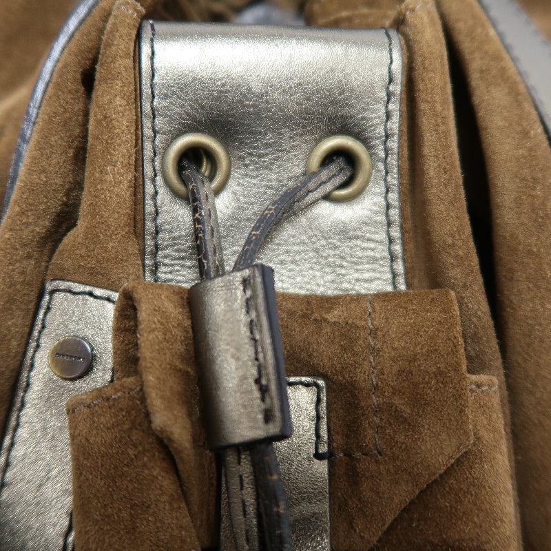 GIVENCHY Vintage Brown Suede Slouchy Drawstring Hobo Handbag Metallic Calfskin Contrast Trim Twisted Braided Handle Long Fringe Drop Hardware Bohemian Soft Design Included Original Matching Small Pouch Rare Iconic Accessory