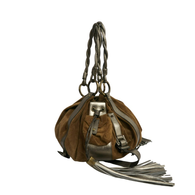 GIVENCHY Vintage Brown Suede Slouchy Drawstring Hobo Handbag Metallic Calfskin Contrast Trim Twisted Braided Handle Long Fringe Drop Hardware Bohemian Soft Design Included Original Matching Small Pouch Rare Iconic Accessory