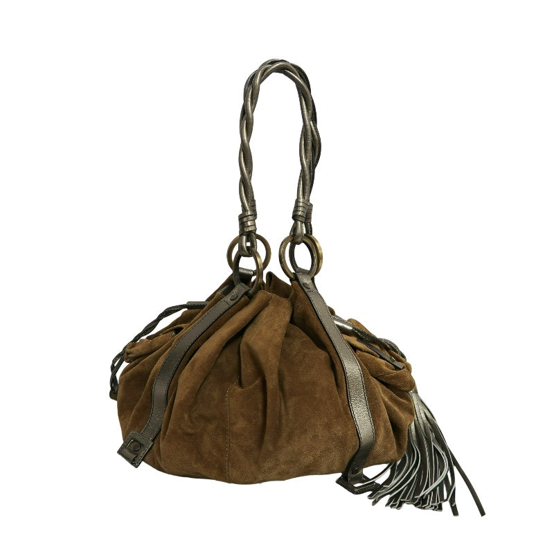 GIVENCHY Vintage Brown Suede Slouchy Drawstring Hobo Handbag Metallic Calfskin Contrast Trim Twisted Braided Handle Long Fringe Drop Hardware Bohemian Soft Design Included Original Matching Small Pouch Rare Iconic Accessory