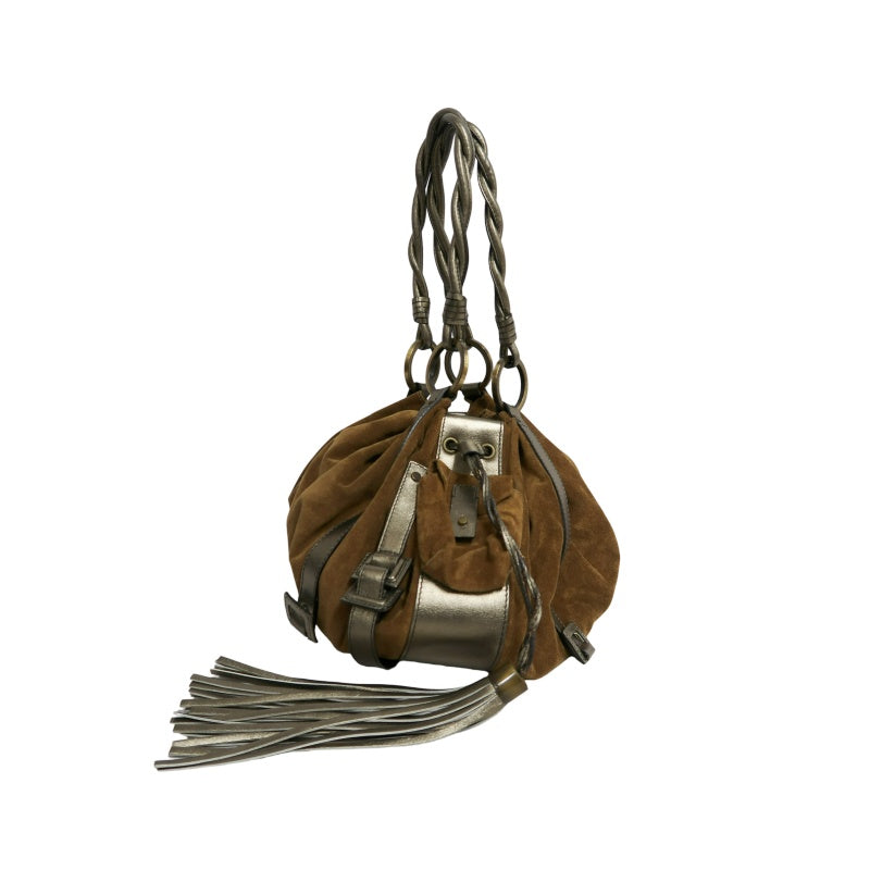 GIVENCHY Vintage Brown Suede Slouchy Drawstring Hobo Handbag Metallic Calfskin Contrast Trim Twisted Braided Handle Long Fringe Drop Hardware Bohemian Soft Design Included Original Matching Small Pouch Rare Iconic Accessory