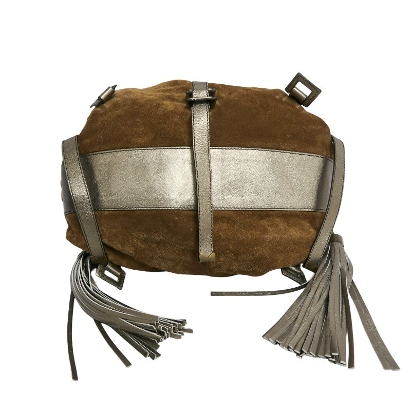 GIVENCHY Vintage Brown Suede Slouchy Drawstring Hobo Handbag Metallic Calfskin Contrast Trim Twisted Braided Handle Long Fringe Drop Hardware Bohemian Soft Design Included Original Matching Small Pouch Rare Iconic Accessory