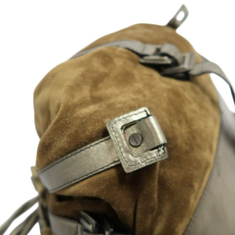 GIVENCHY Vintage Brown Suede Slouchy Drawstring Hobo Handbag Metallic Calfskin Contrast Trim Twisted Braided Handle Long Fringe Drop Hardware Bohemian Soft Design Included Original Matching Small Pouch Rare Iconic Accessory