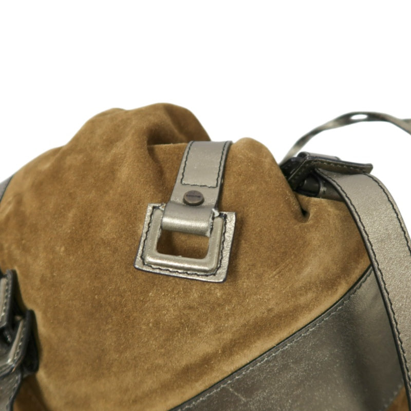 GIVENCHY Vintage Brown Suede Slouchy Drawstring Hobo Handbag Metallic Calfskin Contrast Trim Twisted Braided Handle Long Fringe Drop Hardware Bohemian Soft Design Included Original Matching Small Pouch Rare Iconic Accessory
