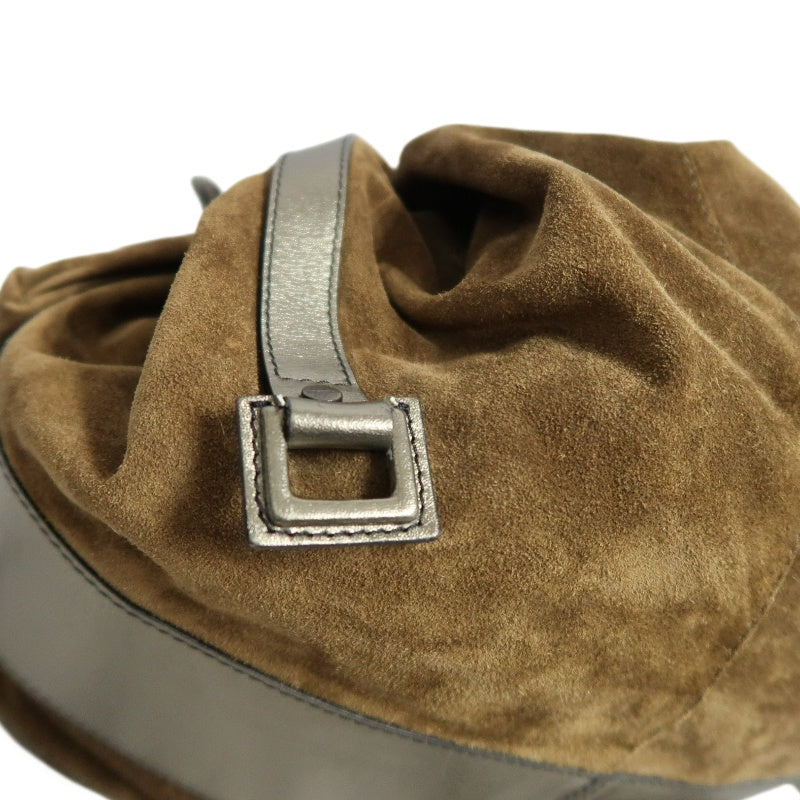 GIVENCHY Vintage Brown Suede Slouchy Drawstring Hobo Handbag Metallic Calfskin Contrast Trim Twisted Braided Handle Long Fringe Drop Hardware Bohemian Soft Design Included Original Matching Small Pouch Rare Iconic Accessory
