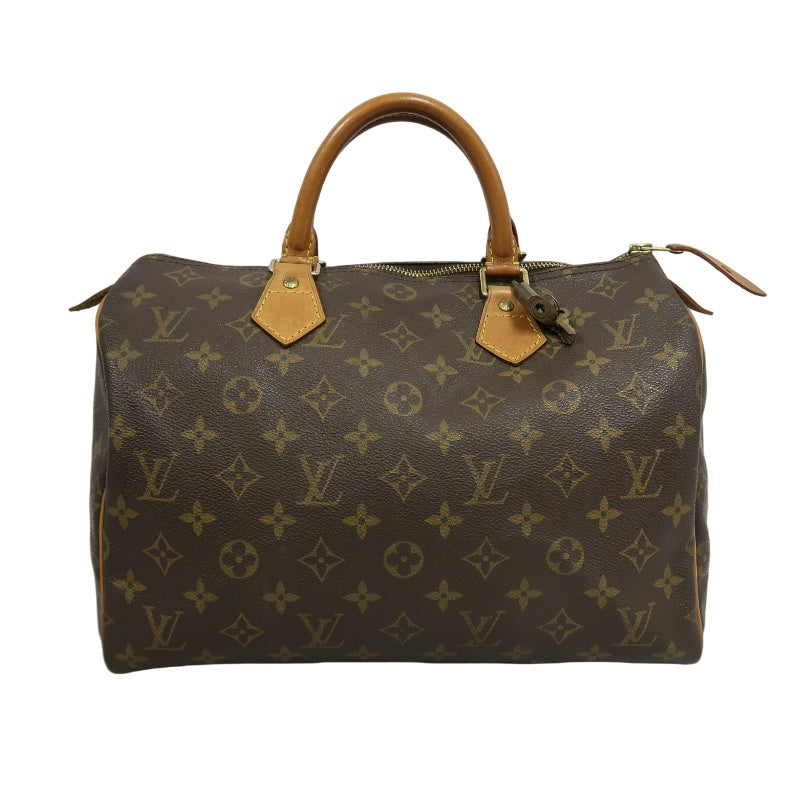 LOUIS VUITTON Monogram Speedy 30 Boston Handbag Brown Classic Canvas Tan Patina Leather Trim Original Padlock and 2 Keys Included Spacious Timeless Iconic Vintage Travel Everyday Bag