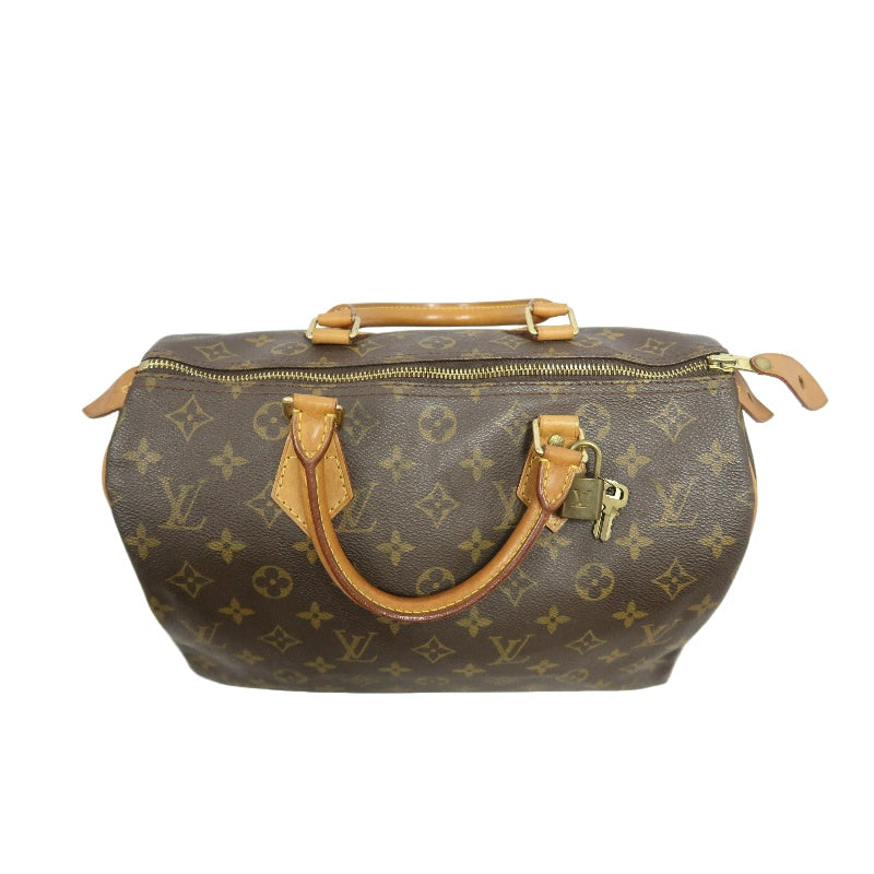 LOUIS VUITTON Monogram Speedy 30 Boston Handbag Brown Classic Canvas Tan Patina Leather Trim Original Padlock and 2 Keys Included Spacious Timeless Iconic Vintage Travel Everyday Bag