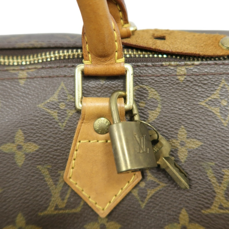 LOUIS VUITTON Monogram Speedy 30 Boston Handbag Brown Classic Canvas Tan Patina Leather Trim Original Padlock and 2 Keys Included Spacious Timeless Iconic Vintage Travel Everyday Bag