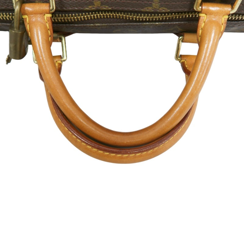 LOUIS VUITTON Monogram Speedy 30 Boston Handbag Brown Classic Canvas Tan Patina Leather Trim Original Padlock and 2 Keys Included Spacious Timeless Iconic Vintage Travel Everyday Bag