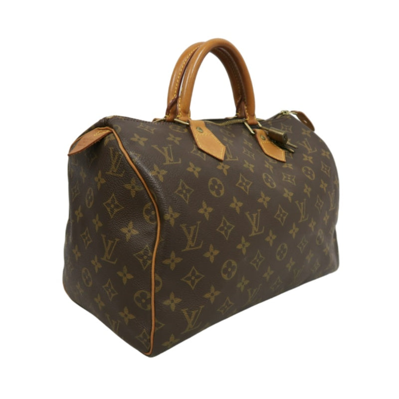 LOUIS VUITTON Monogram Speedy 30 Boston Handbag Brown Classic Canvas Tan Patina Leather Trim Original Padlock and 2 Keys Included Spacious Timeless Iconic Vintage Travel Everyday Bag