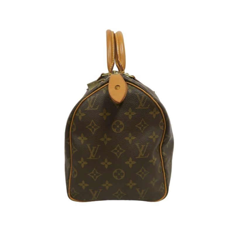 LOUIS VUITTON Monogram Speedy 30 Boston Handbag Brown Classic Canvas Tan Patina Leather Trim Original Padlock and 2 Keys Included Spacious Timeless Iconic Vintage Travel Everyday Bag