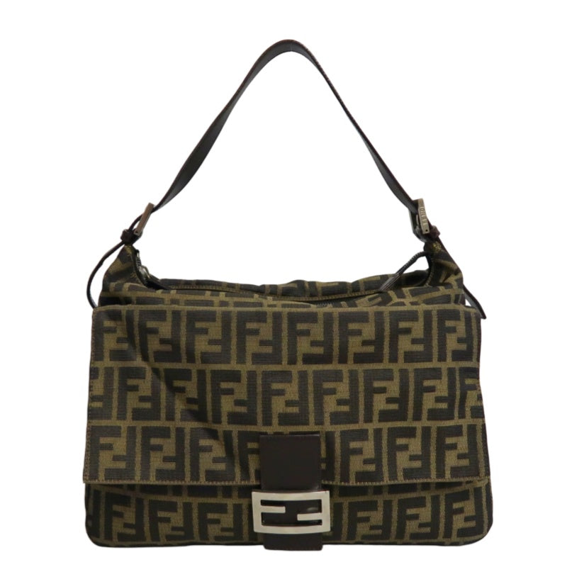 FENDI Large Vintage Zucca Baguette Canvas Shoulder Bag Brown Leather Strap Silver Hardware