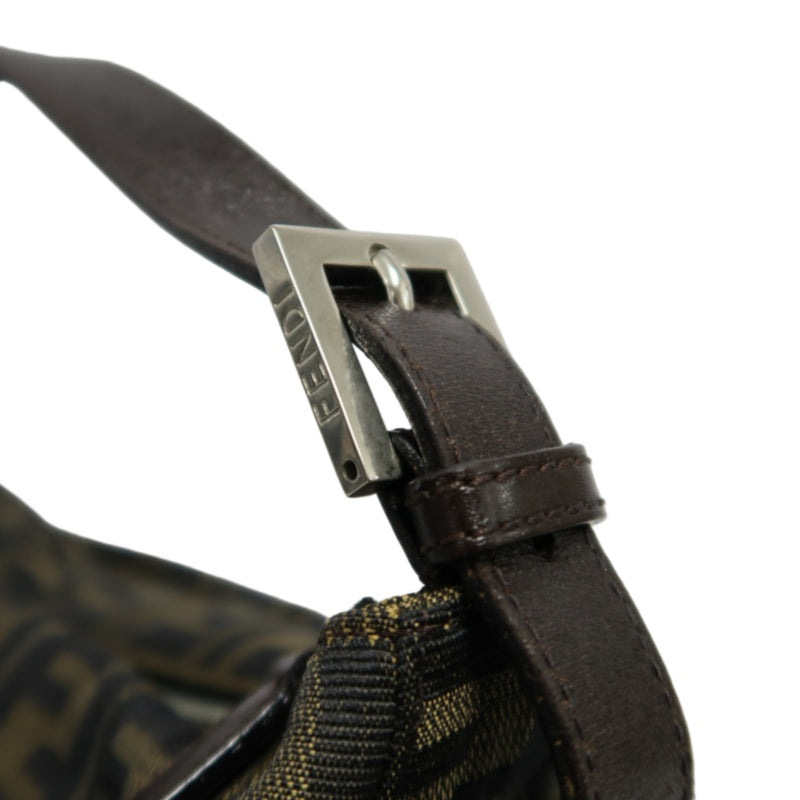FENDI Large Vintage Zucca Baguette Canvas Shoulder Bag Brown Leather Strap Silver Hardware