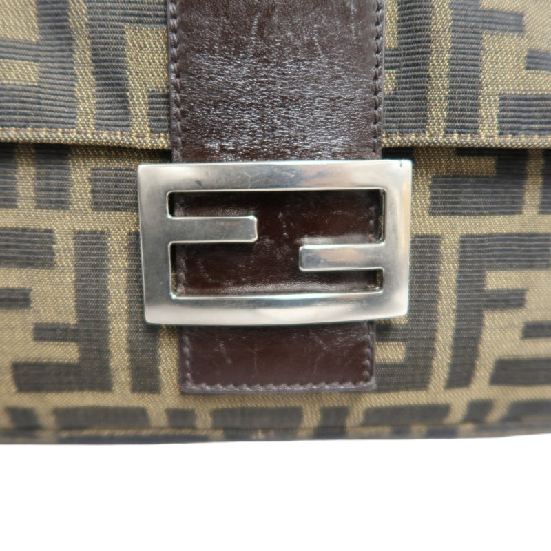 FENDI Large Vintage Zucca Baguette Canvas Shoulder Bag Brown Leather Strap Silver Hardware