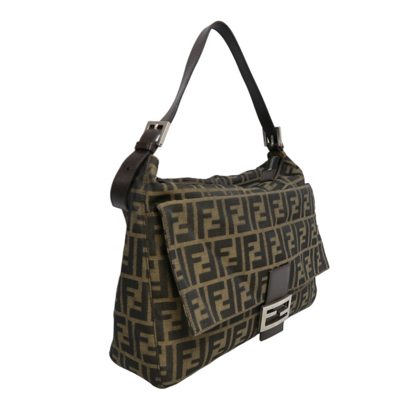 FENDI Large Vintage Zucca Baguette Canvas Shoulder Bag Brown Leather Strap Silver Hardware