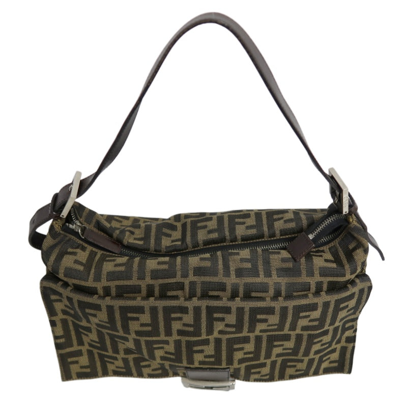 FENDI Large Vintage Zucca Baguette Canvas Shoulder Bag Brown Leather Strap Silver Hardware