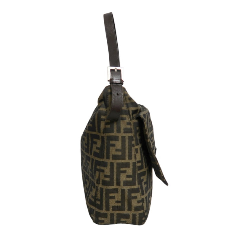 FENDI Large Vintage Zucca Baguette Canvas Shoulder Bag Brown Leather Strap Silver Hardware