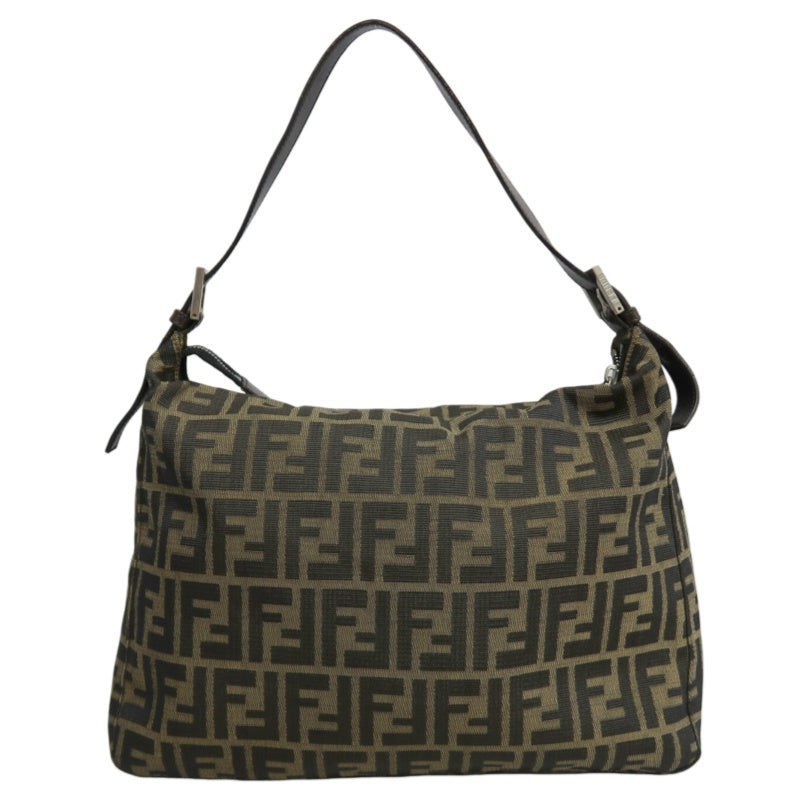 FENDI Large Vintage Zucca Baguette Canvas Shoulder Bag Brown Leather Strap Silver Hardware