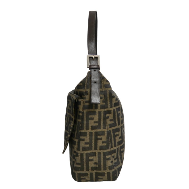 FENDI Large Vintage Zucca Baguette Canvas Shoulder Bag Brown Leather Strap Silver Hardware