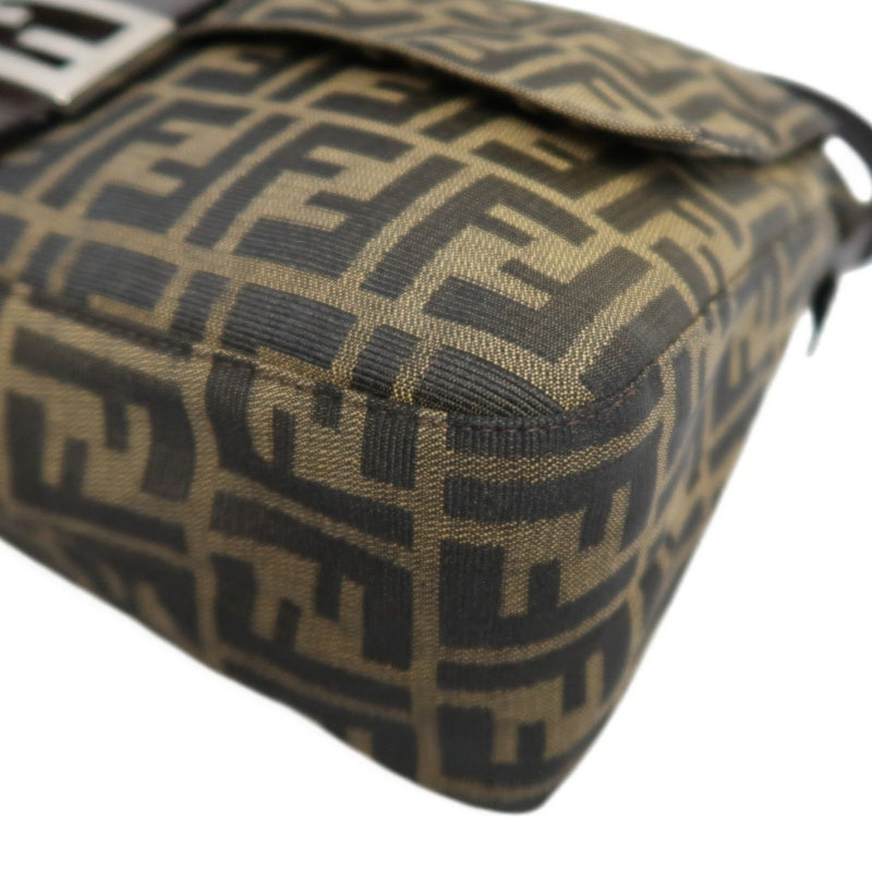 FENDI Large Vintage Zucca Baguette Canvas Shoulder Bag Brown Leather Strap Silver Hardware