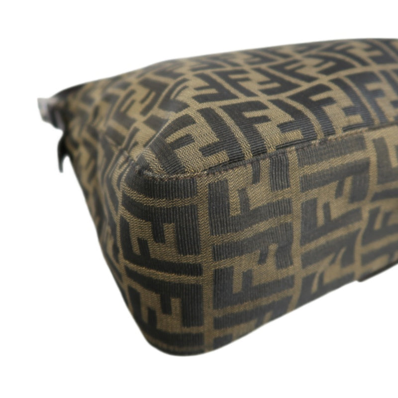 FENDI Large Vintage Zucca Baguette Canvas Shoulder Bag Brown Leather Strap Silver Hardware