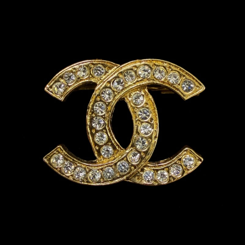 CHANEL Classic CC Logo Crystal Brooch Gold Tone Hardware