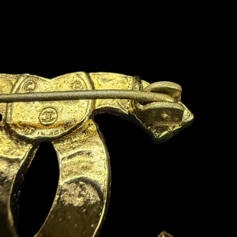 CHANEL Classic CC Logo Crystal Brooch Gold Tone Hardware