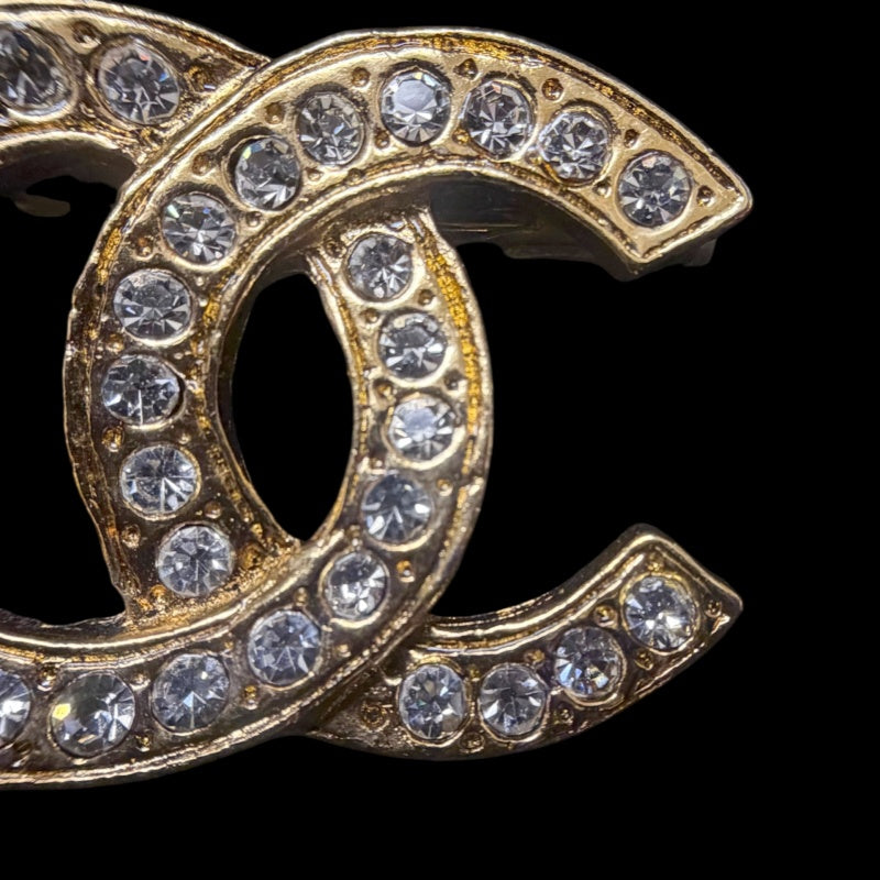 CHANEL Classic CC Logo Crystal Brooch Gold Tone Hardware