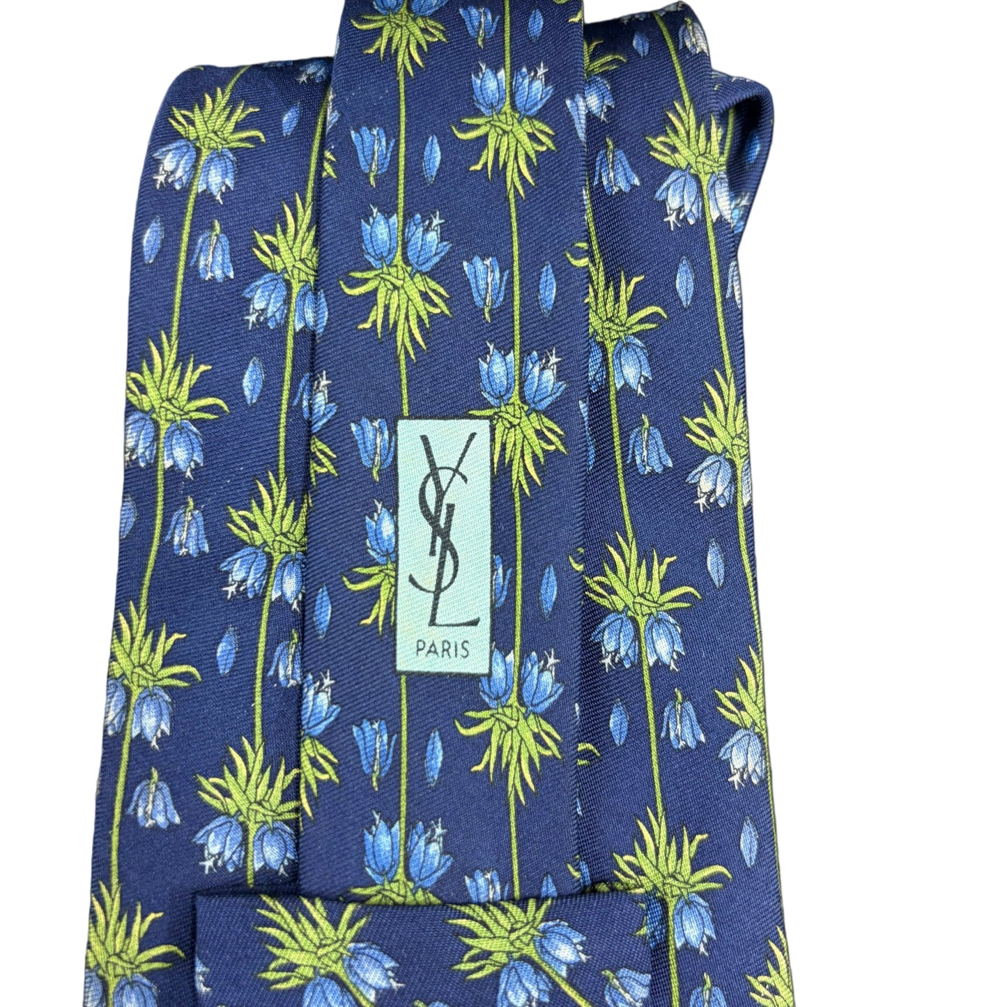 YSL  Floral Print Silk Tie Navy Blue