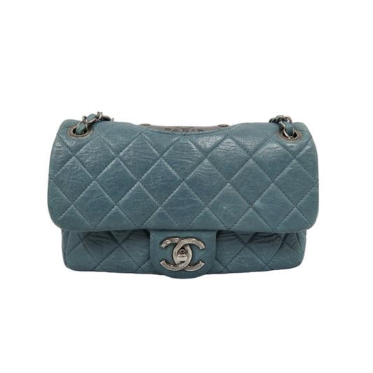CHANEL Quilted Shoulder Bag, Waxed Leather, Blue, With Guarantee Card