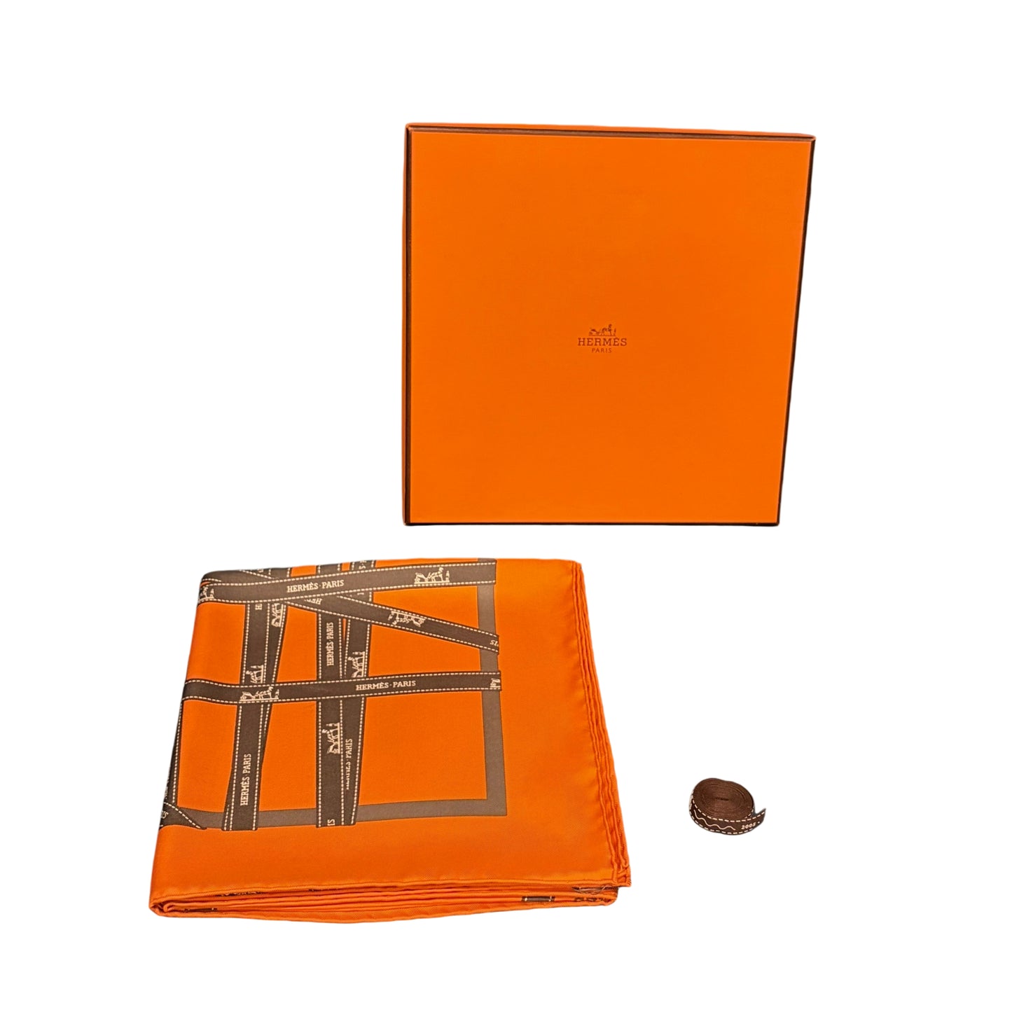 HERMES Paris Carré 90 Bolduc Ribbon Bow Print 100% Pure Silk Scarf Iconic Brand Orange Background Modern Minimalist Design Full Set Original Gift Box Timeless Luxury Accessory